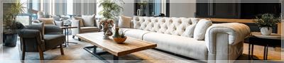 Một chiếc sofa vải lanh và các món đồ nội thất khác trong phòng khách, phần chính của bức tranh là chiếc sofa vải lanh....