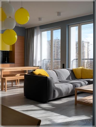 Căn hộ studio hiện đại tại Moscow, thiết kế đương đại, màu sắc tươi sáng, không gian đô thị, cửa sổ lớn,...