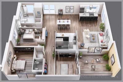 Mặt bằng 3D thực tế, góc nhìn isometric từ trên xuống, thiết kế căn hộ hai phòng ngủ hiện đại, không...