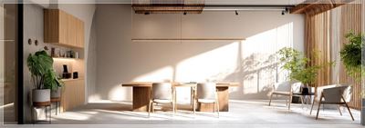 Không gian studio thiết kế nội thất tinh tế với đồ nội thất hiện đại tối giản, ánh sáng tự nhiên ấm áp,...