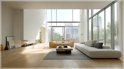 Phòng khách lớn hiện đại, tối giản với cửa sổ từ sàn đến trần, ánh sáng tự nhiên ấm áp tràn ngập không...