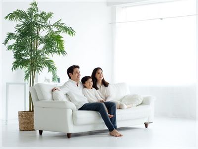 Một gia đình ba người đang ngồi trên ghế sofa và tận hưởng những khoảnh khắc vui vẻ. Họ đang nhìn về...