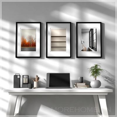 Minh họa 2D tối giản, góc nhìn trực diện gần của một bức tường văn phòng hiện đại với bộ ba khung ảnh...