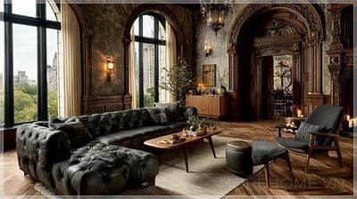 Phòng khách Arboris House trải rộng với một chiếc ghế sofa ba chỗ ngồi có lớp đệm kênh xếp, làm từ gỗ...