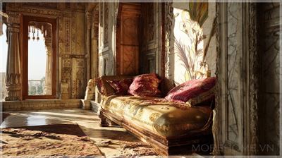 Góc máy ảnh & Cấu trúc: Cảnh quay từ bên hông của chiếc sofa hoa mỹ, đặt gần cửa sổ được chạm khắc tinh...