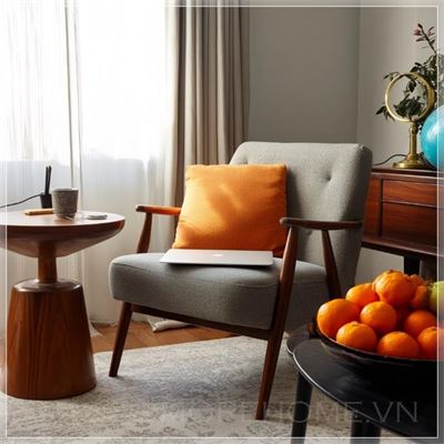 Ảnh chụp chiếc ghế kiểu giữa thế kỷ trong phòng khách, trên ghế có một chiếc laptop, một bàn nhỏ bên...