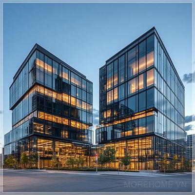 Ảnh chụp ngoại thất của hai tòa nhà thấp tầng tương tự với mặt kính. Một tòa nhà có 3 góc và tòa nhà còn lại có 4 góc....