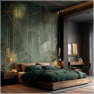 Nội thất phòng ngủ với sự kết hợp chủ yếu giữa màu xanh đậm và vàng, tạo nên không gian sang trọng, hiện...
