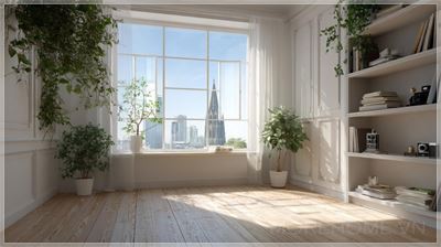 Một căn phòng trắng với sàn gỗ, có một cửa sổ trên tường, ánh nắng chiếu vào qua cửa sổ. Nếu nhìn qua...