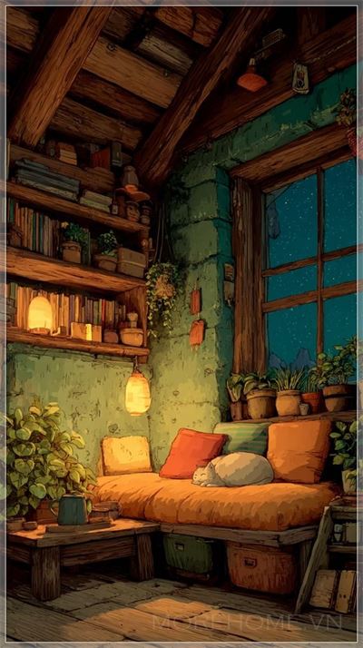 Nội thất căn nhà nhỏ ấm cúng theo phong cách Ghibli, xà gỗ lộ thiên, ánh nến ấm áp, chất liệu mềm mại,...