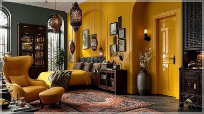 Phòng ngủ phong cách Đông Dương sang trọng và thanh lịch với một bức tường nhấn màu vàng tươi nổi bật,...