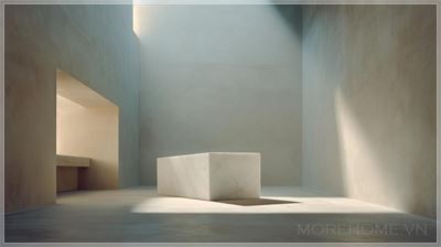 Một không gian atelier rộng lớn với những bức tường bê tông thô và ánh sáng ban ngày nhẹ nhàng chiếu...