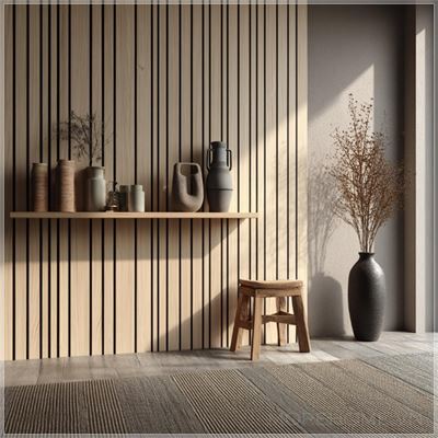 Nội thất hiện đại, các thanh gỗ sồi trang trí trên tường theo các sọc dọc, màu be với các đường viền...