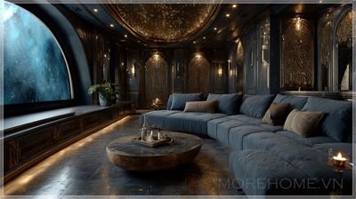Phòng chiếu phim sang trọng, với màn hình siêu lớn, thiết kế ánh sáng cao cấp, trang trí nội thất sáng...