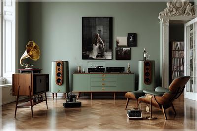 Nội thất theo phong cách giữa thế kỷ với tông màu xanh lá cây và hồng, có hệ thống âm thanh theo phong...