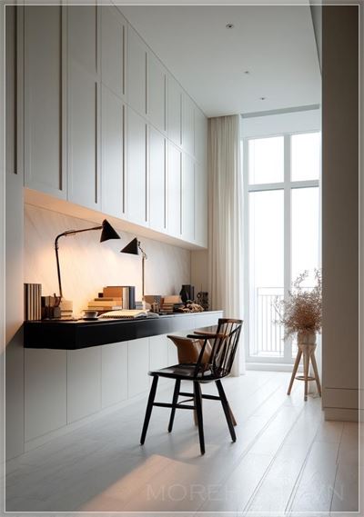 Thiết kế nội thất tối giản của một căn hộ với chiếc bàn làm việc màu đen tinh tế, tủ và tường màu trắng,...