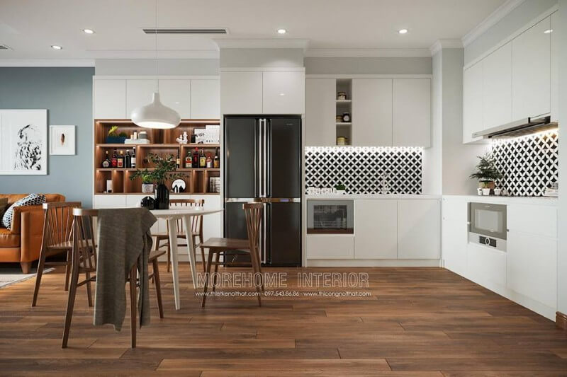 Hệ thống bếp được thiết kế với chất liệu gỗ công nghiệp thiết kế hiện đại và tiện nghi Thiết kế phòng bếp, tủ bếp gỗ An Cường