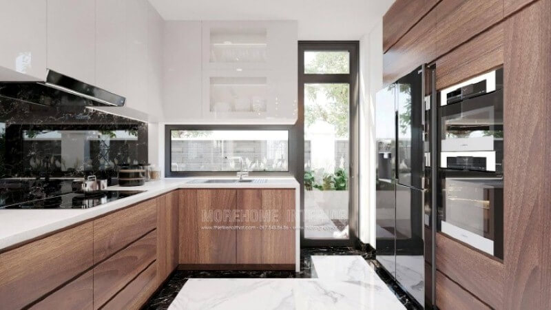 Có thể nói trong ý tưởng trang trí nội thất phòng bếp đặc biệt là biệt thự, nhà phố thì mặt bếp lại càng được chú trọng, các vật liệu dần đổi mới để đạt tới sự hoàn hảo, vì thế không thể thiếu sót chất liệu đá ốp bếp tự nhiên màu trắng kết hợp đá ốp bếp màu đen chỉ trắng vừa đẹp vừa sang như trong đây. Hiện nay, các dòng đá như đá nhân tạo LG, đá thạch anh hay đá nhân tạo LG,.. đều được Morestone thương hiệu thi công đá ốp bếp uy tín của Morehome sử dụng. Thiết kế phòng bếp, tủ bếp gỗ An Cường