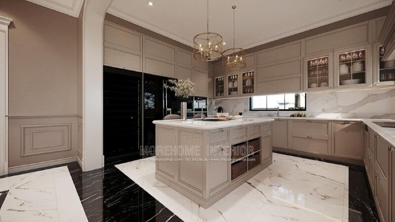 Tủ bếp chữ U gỗ tự nhiên cao cấp tạo vẻ đẹp sang trọng cho không gian nhà phố, biệt thự. Thiết kế tủ bếp nhà phố sang trọng