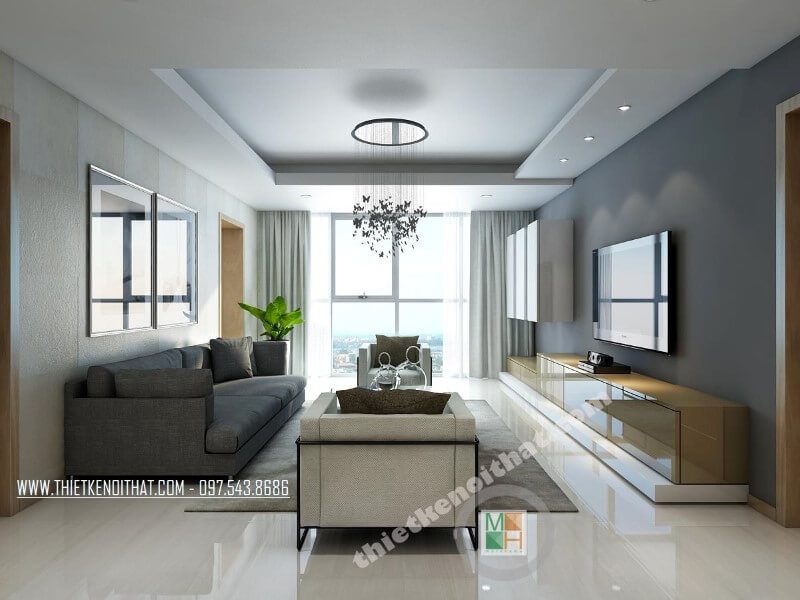 Thiết kế phòng khách hiện đại cho căn hộ chung cư Thăng Long Number One hướng sáng, đón trọn vẹn ánh sáng tự nhiên từ khung cửa rộng mang đến sức sống và sự tươi trẻ cho căn phòng