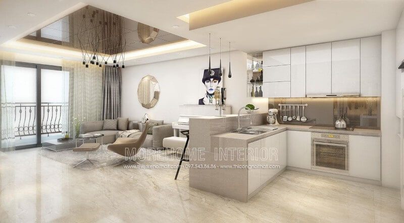 Màu nâu của kính ốp bếp đối lập với sắc trắng của nội thất phòng bếp là điểm nhấn thú vị của không gian hiện đại