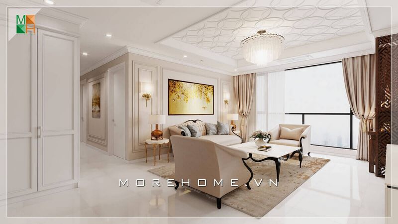 Nhà của bạn được thiết kế với những chi tiết tinh tế và đặc trưng của phong cách tân cổ điển, từ đường chỉ phào đến bộ bàn ghế sofa phòng khách. Chân ghế gỗ tự nhiên uốn lượn mềm mại, tạo nên một không gian sang trọng và tinh tế.
