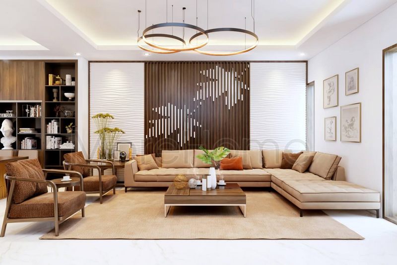 Trang trí phòng khách bằng mẫu gỗ ốp tường và đèn thả trần hiện đại, độc đáo.