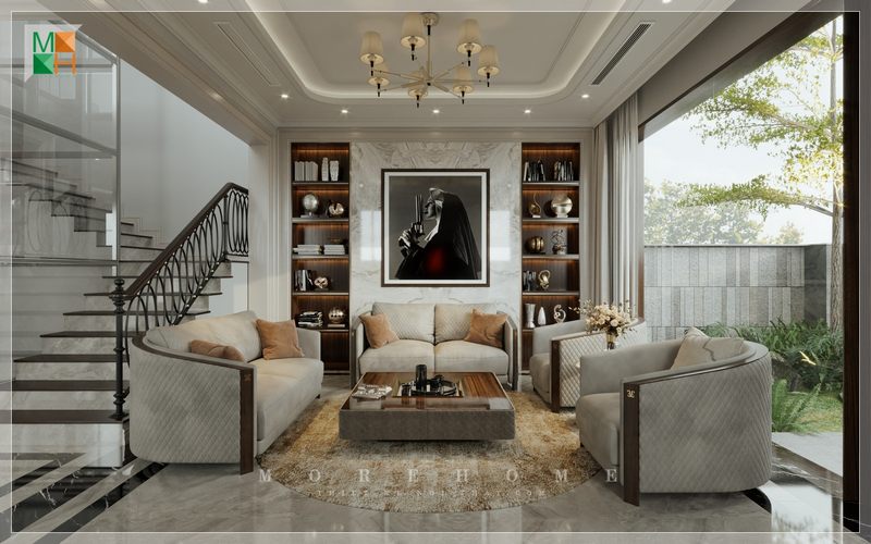 Bàn trà có thiết kế hiện đại giúp không gian phòng khách trở nên thoải mái và tạo cảm giác thân thiện khi có khách đến thăm.